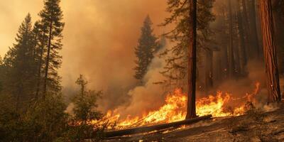 Forest fire spreading through dense woodland under heavy smoke in mountainous area photo