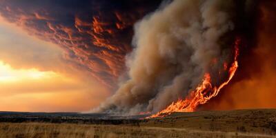 Dramatic landscape with intense wildfire and massive smoke plume against fiery sky photo