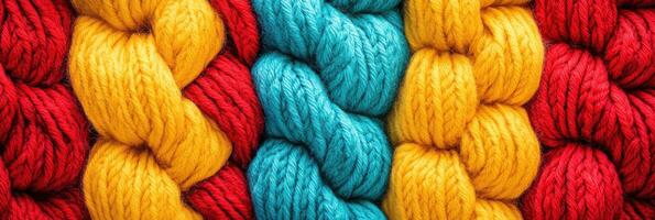 Close-up of colorful knitted wool in red, yellow, and blue tones background photo