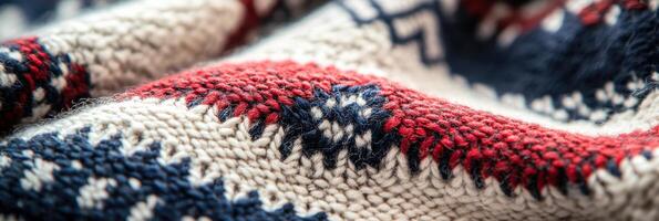 Cozy wool fabric with red white blue pattern and knitted texture for winter warmth photo