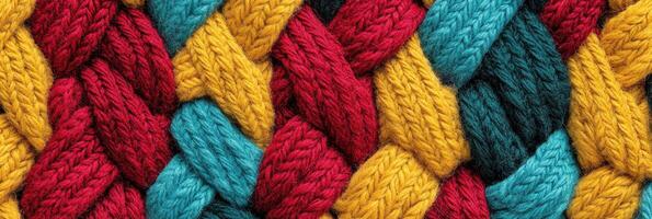 Colorful woolen braid pattern with red, yellow, and blue threads for textiles concept photo