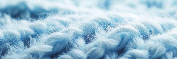 Close-up texture of soft blue yarn fibers featuring intricate weave patterns photo