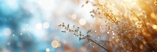 Sunlit autumn meadow with dew-kissed grass and warm evening glow photo