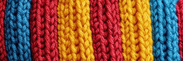 Colorful knitted pattern with red, yellow, and blue stripes for cozy textures photo