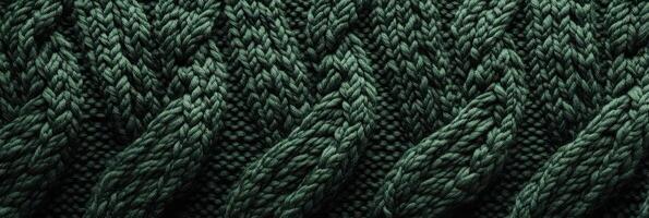 Close-up of dark green knitted fabric with detailed yarn texture pattern photo