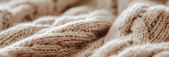 Cozy warm beige knitted fabric texture with intricate cable patterns photo