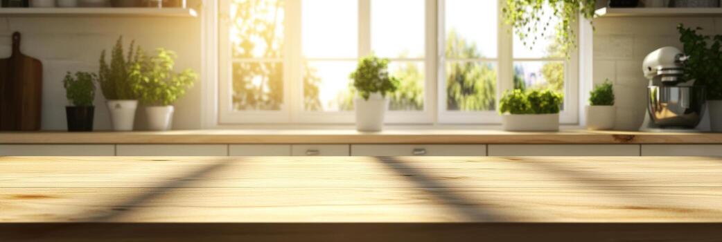 Sunlit wooden kitchen counter with fresh greenery and window view photo