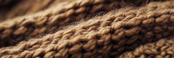 Close-up of brown wool yarn texture with detailed knitting stitches photo