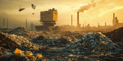 Industrial landscape with piles of waste and factory emissions at sunset photo
