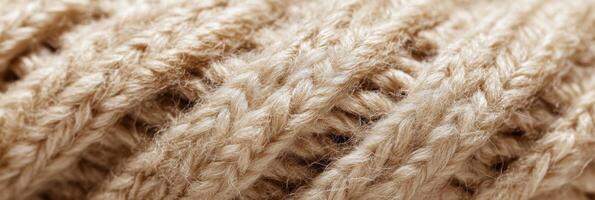 Close-up of beige woolen texture showcasing intricate yarn weaving pattern photo