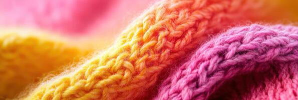 Close-up of colorful knit fabric with vibrant yellow and pink textures photo
