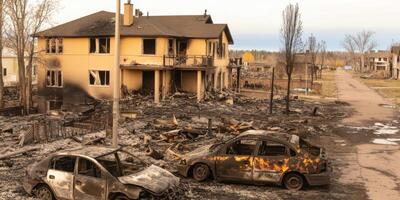 Burnt residue of vehicles and homes amidst aftermath of devastating urban fire photo