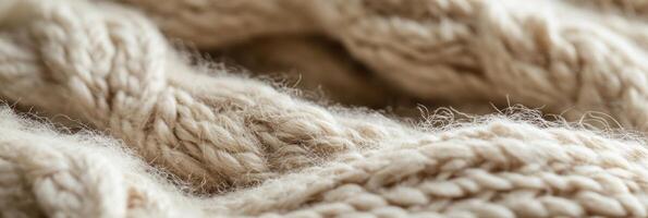 Close-up of soft beige wool fibers knitted into cozy texture pattern photo