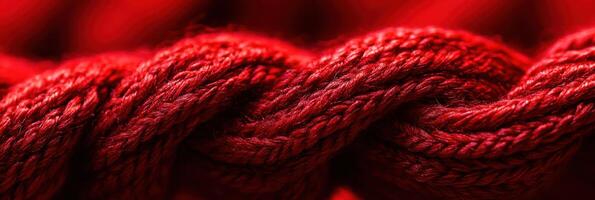 Close-up of red twisted rope with intricate fibers and interlocking strands photo