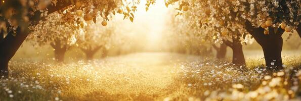 Sunlit orange orchard in full bloom at sunrise with blossoming trees photo