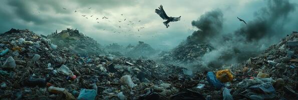 Expansive landfill landscape with birds overhead and dark smoke in overcast sky photo