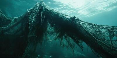 Underwater view of abandoned fishing net entangled in ocean debris photo