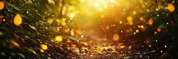 Enchanted forest pathway with magical sunlight and glowing particles photo