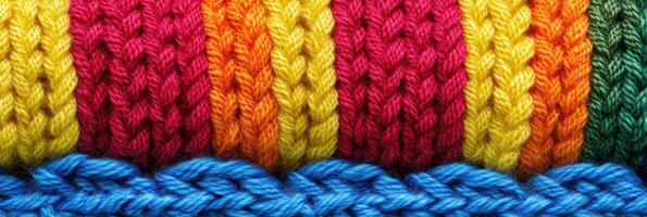 Close-up of colorful knitted yarn in stripes featuring blue, yellow, red, and green photo