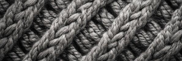 Close-up view of interwoven grey wool yarn in large knit pattern photo