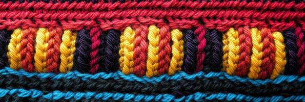 Vibrant red, yellow, and blue yarn weave pattern with textured details photo