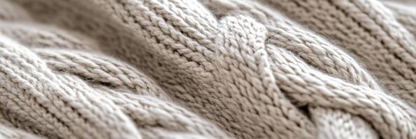 Close-up of beige knitted woolen fabric showcasing intricate texture pattern photo