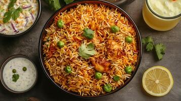 Top view of fragrant biryani, chicken biryani, and cool lemonade drink photo
