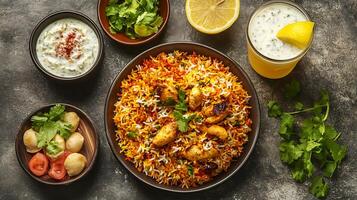 Overhead shot of biryani with complementary raita and lemonade drink photo