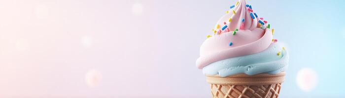 A waffle cone holds a swirl of soft-serve ice cream in pastel shades of pink and blue, topped with colorful sprinkles, set against a clean pastel background, perfect for dessert lovers photo
