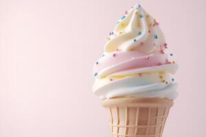 A waffle cone holds a delightful swirl of soft-serve ice cream in pink, blue, and yellow hues, topped with vibrant sprinkles, set against a cheerful pastel backdrop photo