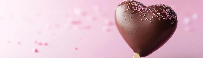 This delightful heart-shaped ice cream bar, coated in rich chocolate and topped with colorful sprinkles, sits against a soft pink gradient backdrop. Perfect for romantic occasions and sweet treats photo
