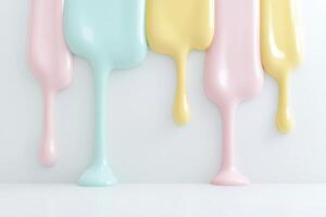 Glossy pastel ice cream drips in pink, mint, and yellow flow down a sleek white surface, creating modern and artistic vibes photo