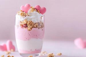 A layered yogurt parfait is served in a clear glass, showcasing pink yogurt, granola, and heart-shaped fruit. The setting features soft natural light and a clean background photo