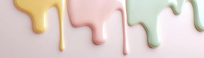 Glossy drips of pink, mint, and yellow ice cream flow down a smooth white surface, creating a modern and artistic feel with ample space for text overlay. The design features subtle shadows for depth photo