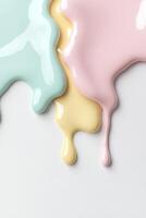 Abstract ice cream drips in glossy pink, mint, and yellow are artistically displayed running down a smooth white surface, creating a modern minimalist aesthetic perfect for creative projects photo