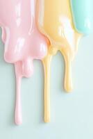 Glossy pastel ice cream drips in shades of pink, mint, and yellow cascade down a smooth white surface, creating a modern, artistic design with ample space for text photo