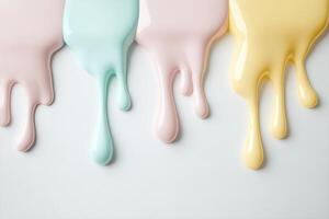 Glossy pastel drips in pink, mint, and yellow flow down a white surface, creating a modern minimalist aesthetic. This artistic composition offers a perfect backdrop for text photo