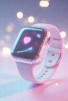 Smartwatch displays blood sugar readings alongside holographic icons for a glucometer and fitness tracker, all set against a vibrant gradient backdrop with glowing accents photo