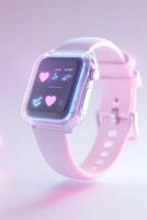 A modern smartwatch showcases blood sugar readings along with digital icons such as a glucometer and fitness tracker on a vibrant, glowing gradient background photo