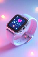 A modern smartwatch shows blood sugar levels, complemented by holographic icons like a glucometer and fitness tracker, all set against a vibrant, glowing background photo