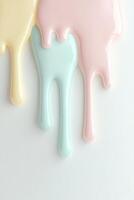 Glossy pastel colors of pink, mint, and yellow create abstract ice cream drips that elegantly cascade down a smooth white surface, allowing for ample text overlay and a modern aesthetic photo