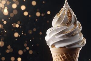A lavish ice cream cone features a glossy vanilla swirl and is elegantly dipped in edible gold. The smooth texture contrasts beautifully with the dark matte background photo