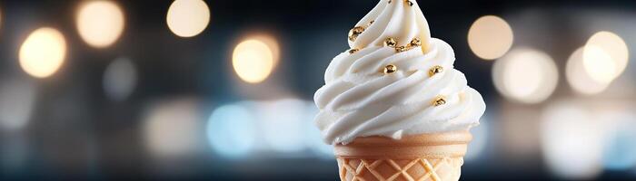 This elegant ice cream cone features a glossy swirl of vanilla, delicately dipped in edible gold against a dramatic black background, perfect for upscale presentations photo