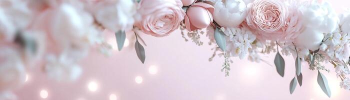 A beautifully designed floral arch features pastel roses and peonies, set against a soft pink to white gradient with glowing highlights, creating a romantic space for text or images photo