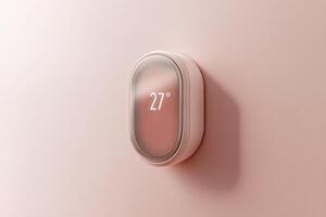Smart thermostat mounted on a wall shows a glowing temperature reading of 27 degrees, set against a warm neutral gradient background with ample text overlay space photo