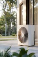 This heat pump unit is efficiently placed outside a contemporary home featuring large windows, accented by clean landscaping under soft daylight, offering ample space for text overlay photo