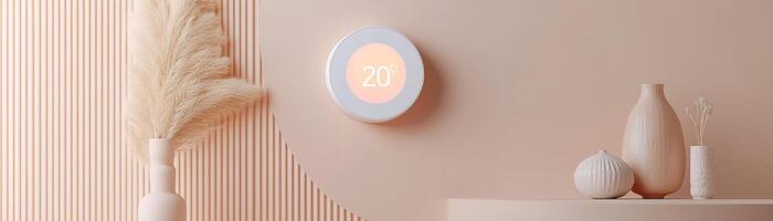 A smart thermostat is installed on a wall, showcasing a glowing temperature of 20 degrees in a warm neutral environment. The design features subtle shadows and space for text photo