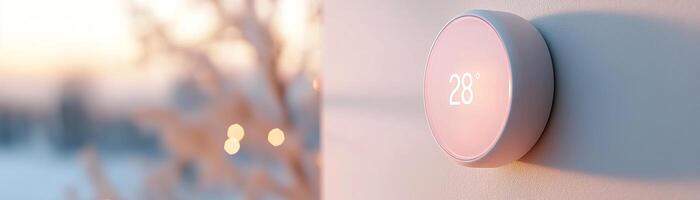 A smart thermostat is mounted on a wall showcasing a bright temperature reading in a comfortable setting. The design complements the warm background, enhancing the room's modern feel photo