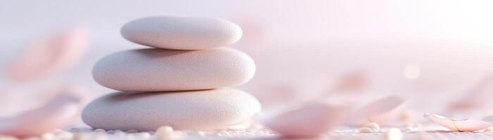 A stack of smooth stones rests on soft floral petals, all against a light pastel gradient background that radiates tranquility and luxury, leaving room for text overlay photo