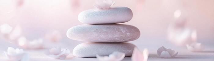 A harmonious arrangement of smooth stones topped with glowing edges sits gracefully among soft floral petals photo